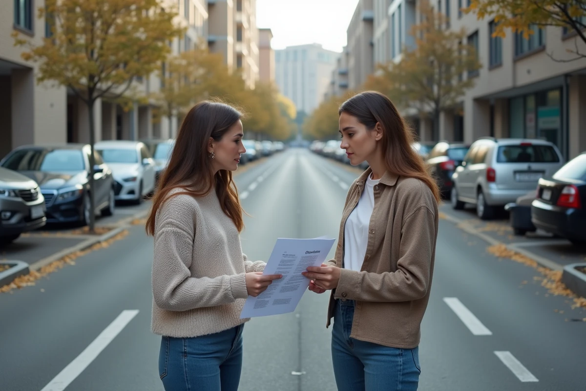 Jeune femme discutant avec agent immobilier devant parking