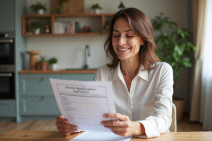 Femme souriante examinant un dossier de location dans une cuisine moderne