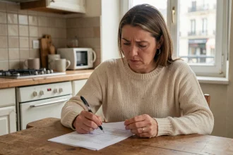 Femme consultant un contrat de location à la table de sa cuisine pour annuler son préavis