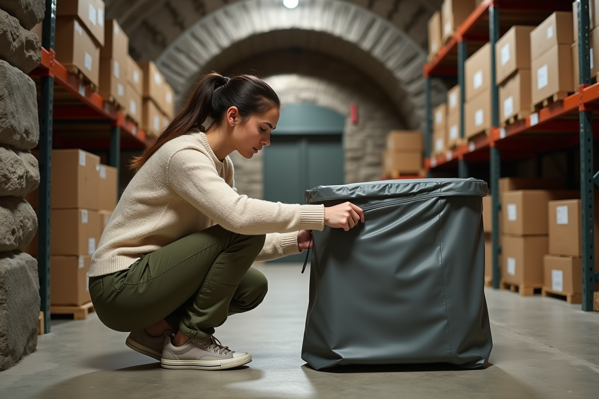 Jeune femme en pantalon cargo couvrant un petit meuble dans une cave bien rangée