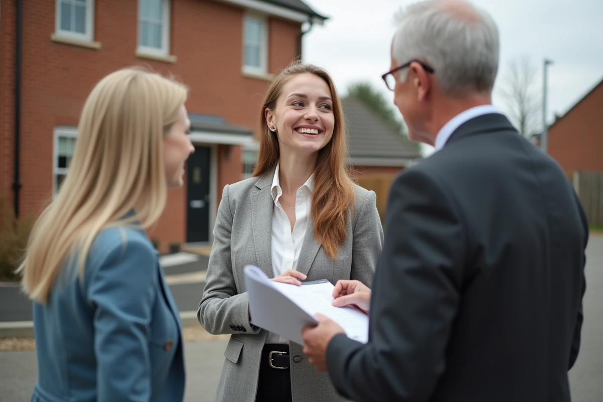 Jeune femme discutant avec un couple devant une maison neuve