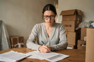 Femme consultant des documents d'assurance habitation lors d'un déménagement entourée de cartons