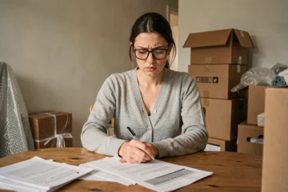 Femme consultant des documents d'assurance habitation lors d'un déménagement entourée de cartons