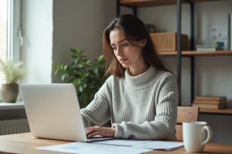Femme consultant ses documents de location sur un ordinateur portable dans un bureau à domicile moderne