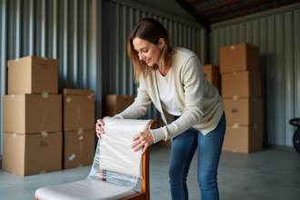 Femme emballant un meuble en bois vintage dans un local de stockage