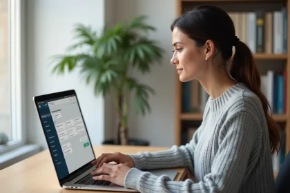 Femme utilisant son espace client MyCitya sur un ordinateur portable dans un bureau à domicile