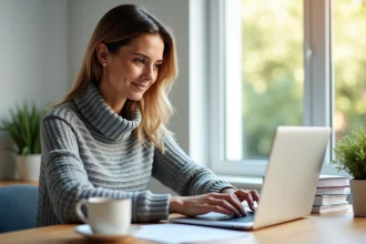 Femme utilisant son espace MyNexity sur un ordinateur portable dans un bureau à domicile moderne