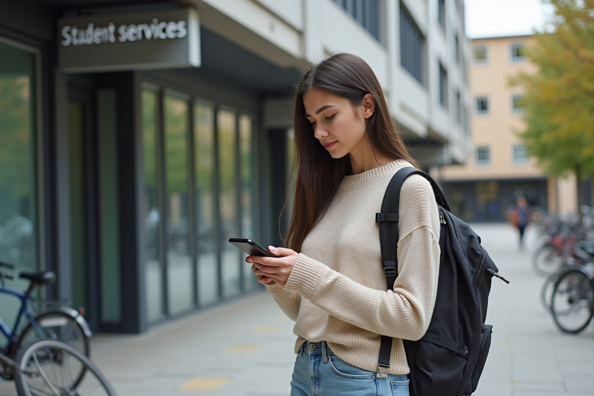 Jeune femme étudiante vérifiant son téléphone devant l