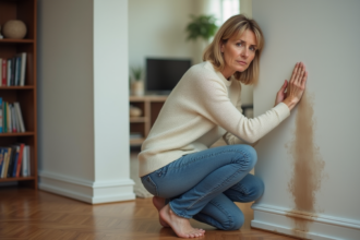 Femme examinant une tache d'eau sur un mur intérieur