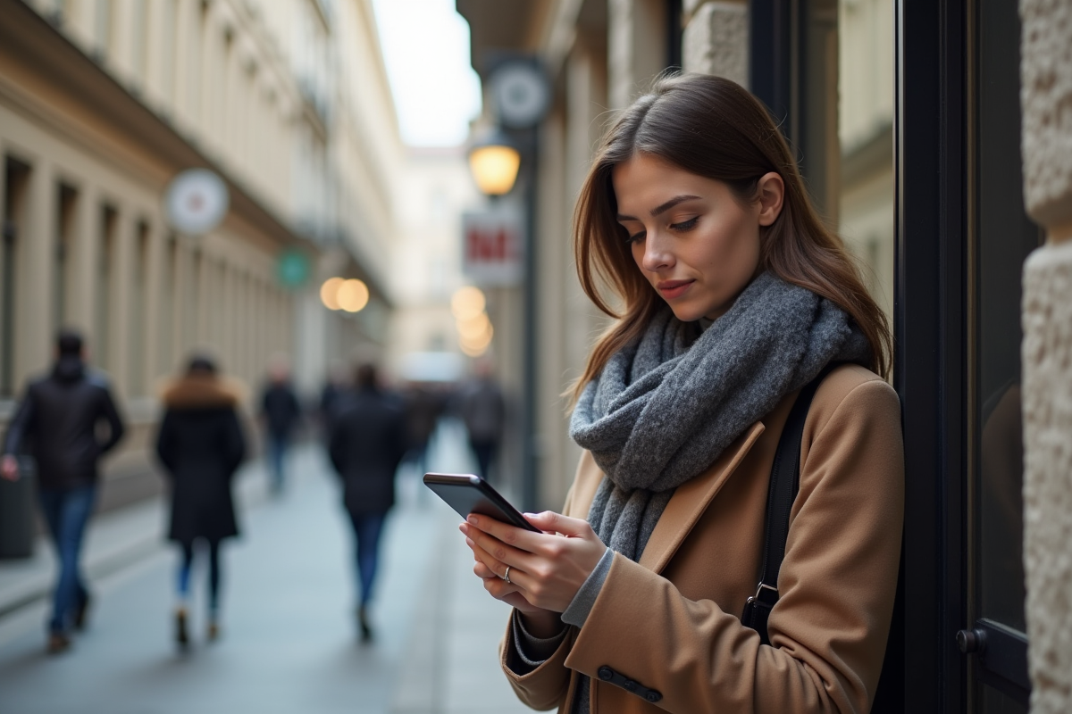 Jeune femme vérifiant ses nouvelles financières avec son smartphone