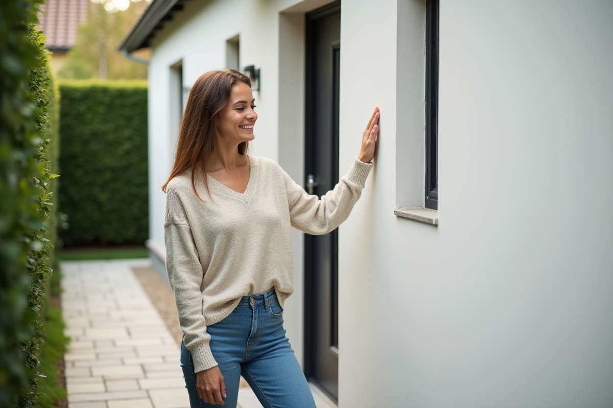 Jeune femme souriante devant façade finie de sa maison