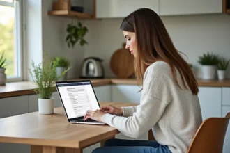 Femme remplissant un formulaire DPE dans une cuisine moderne