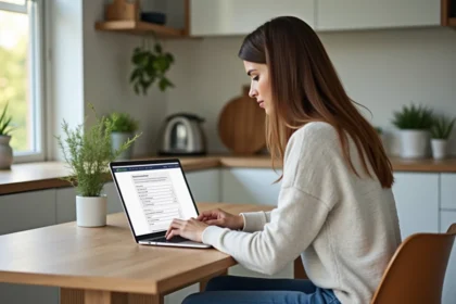 Femme remplissant un formulaire DPE dans une cuisine moderne