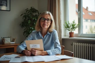 Femme d'âge moyen avec dossier charges locatives en intérieur