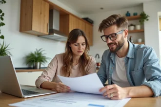 Une femme et un jeune homme examinent des papiers d'assurance à la maison
