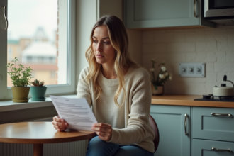 Femme examine des documents de location dans un appartement moderne