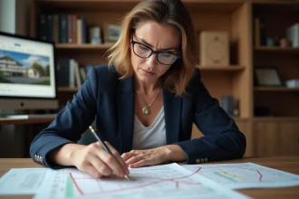 Femme notaire analysant des documents cadastraux liés à ERRIAL pour une transaction immobilière