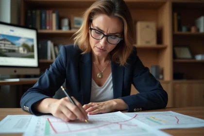 Femme notaire analysant des documents cadastraux liés à ERRIAL pour une transaction immobilière