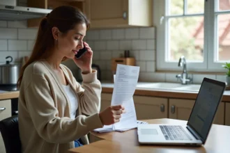 Femme avec factures et ordinateur dans la cuisine