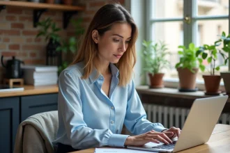 Femme utilisant un ordinateur pour une demande de logement à Paris