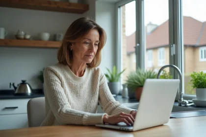 Femme assise à la cuisine utilisant un ordinateur pour évaluer un bien immobilier