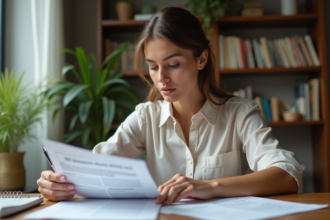 Femme organisée examinant des documents fiscaux à la maison
