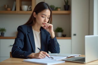 Jeune femme en réunion immobiliere dans un appartement lumineux