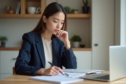 Jeune femme en réunion immobiliere dans un appartement lumineux