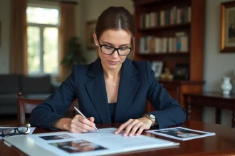 Femme en costume navy organise des documents importants