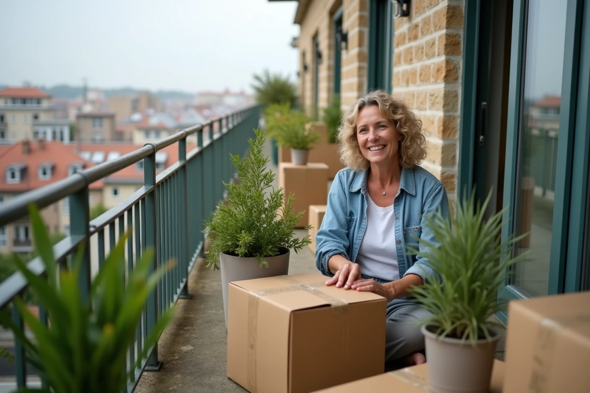 Femme arrangeant des plantes sur un balcon avec cartons
