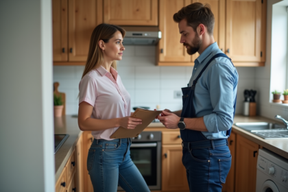 Femme discutant avec un plombier près d'une fuite d'eau dans la cuisine