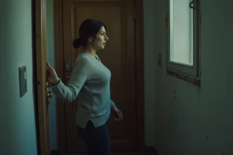 Femme en détresse devant une porte d'appartement dont la serrure a été changée par un conjoint violent