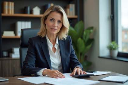 Femme d'affaires en bureau examinant documents immobiliers