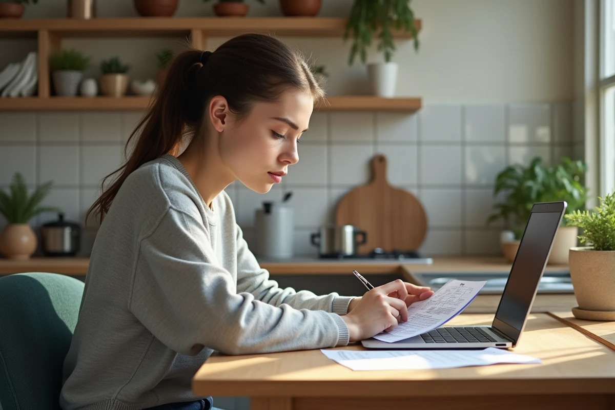 Jeune femme consulte ses relevés bancaires à la maison