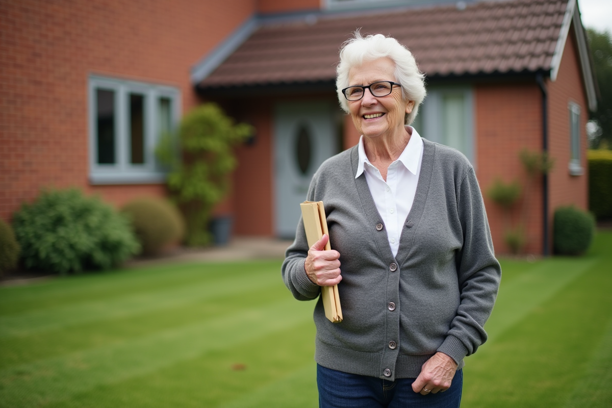 Femme senior souriante devant une maison de banlieue