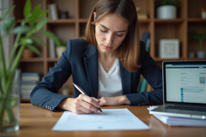 Femme concentrée remplissant des documents officiels à domicile