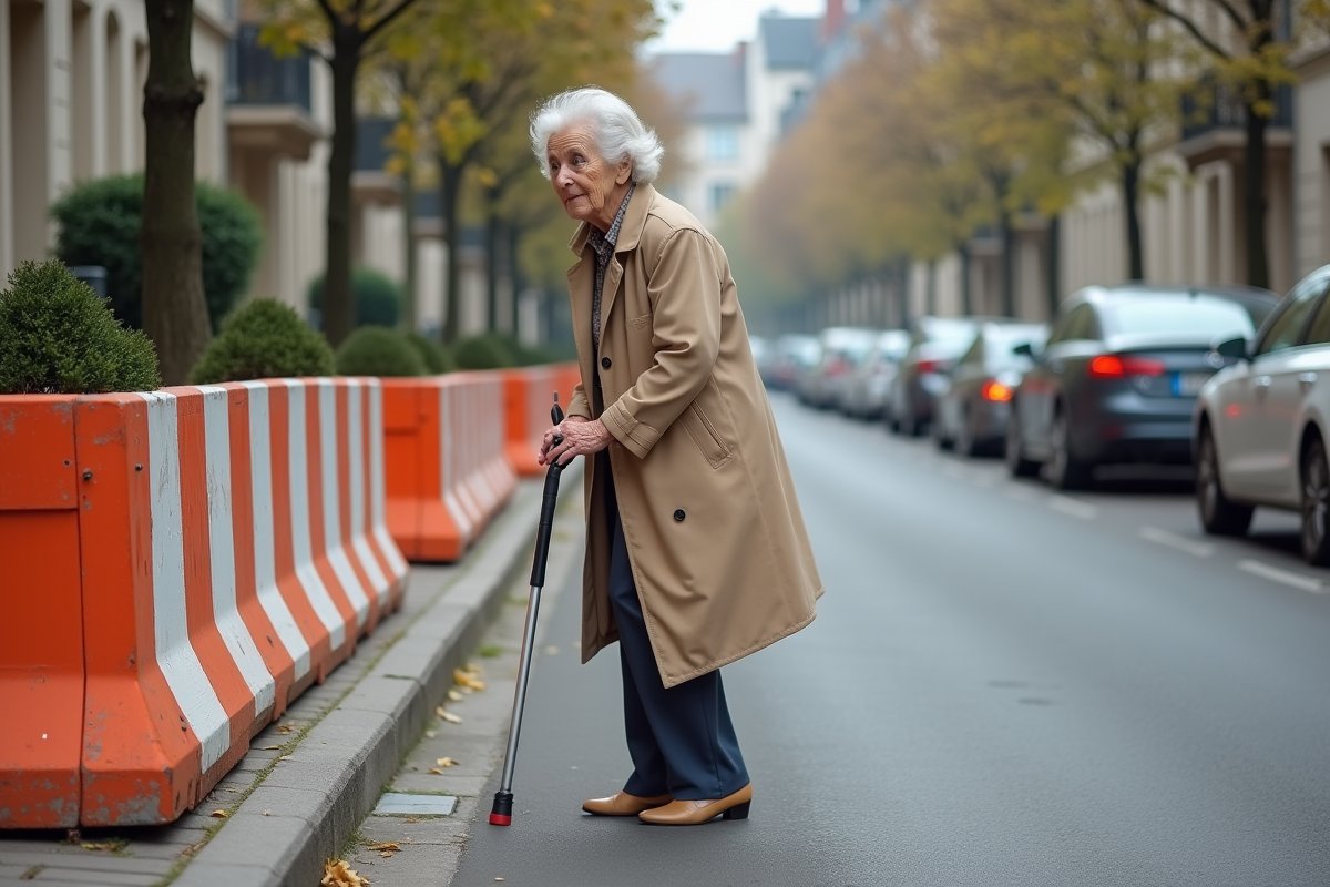 Femme âgée avec canne évite une barrière de chantier sur le trottoir