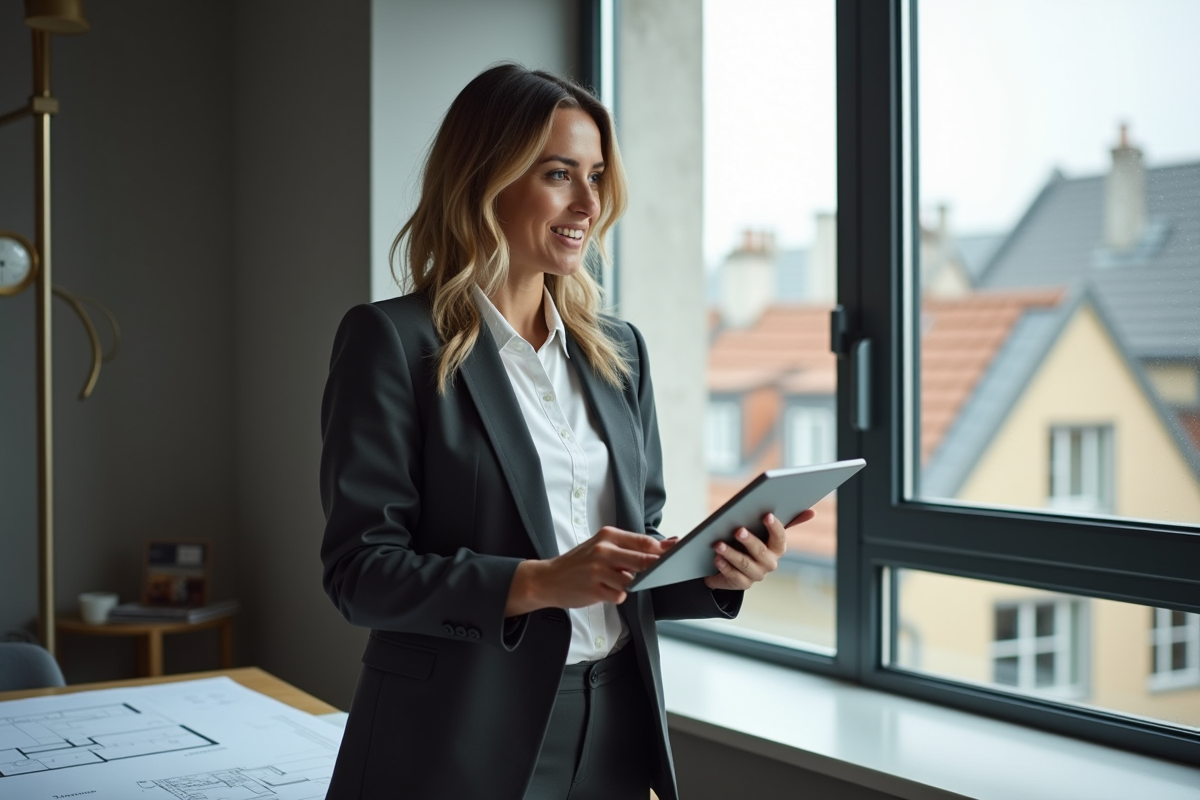 Femme avec tablette dans un appartement urbain moderne