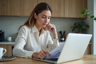 Femme en blouse et pantalon tailleur compare un rapport immobilier