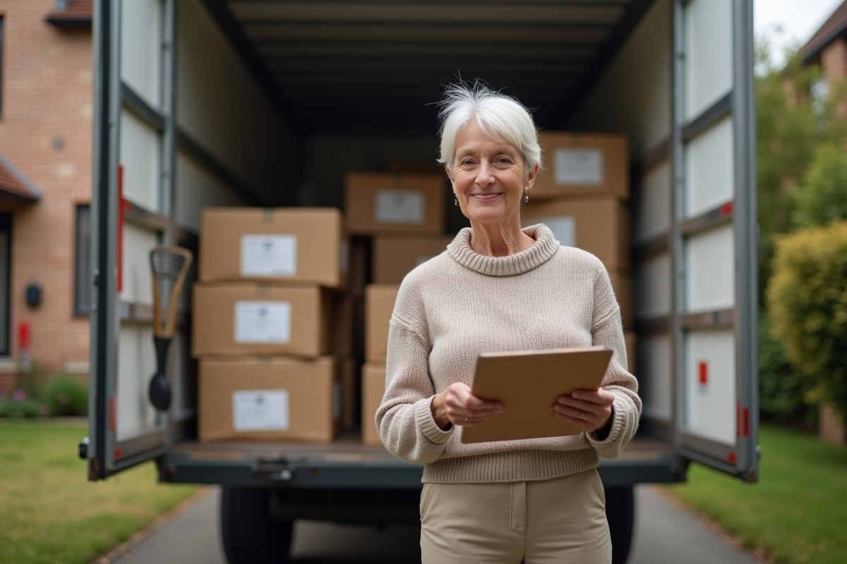 Femme vérifiant un contrat devant un camion de déménagement
