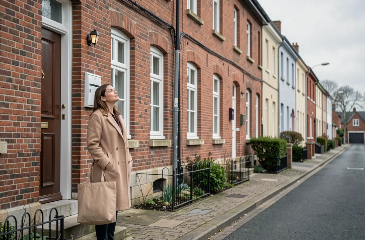 Femme visitant une maison à louer dans une rue typique du Nord de la France