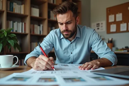 Homme en chemise bleue analysant des documents immobiliers sur un bureau en bois, représentant les erreurs fréquentes des débutants en formation rentier immobilier