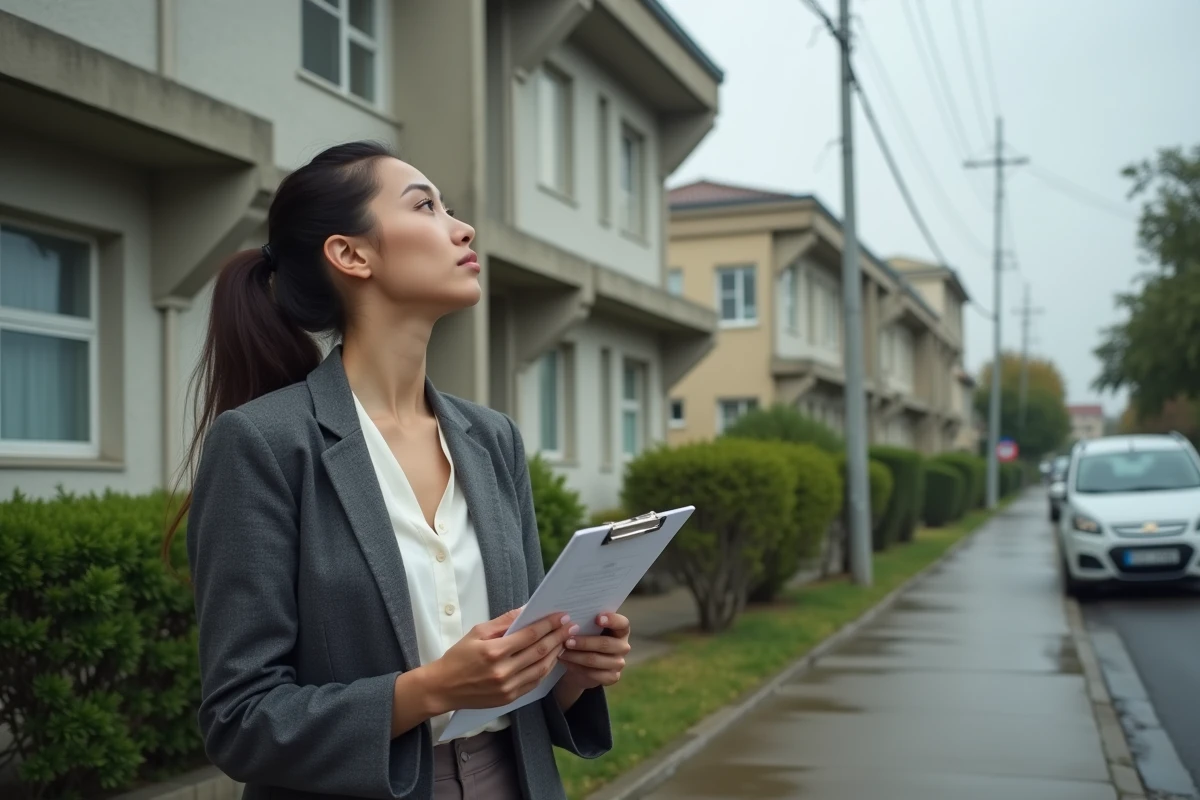 Femme en blazer tenant un clipboard devant un immeuble résidentiel, illustrant l'évaluation d'un bien immobilier et les pièges à éviter pour un rentier débutant