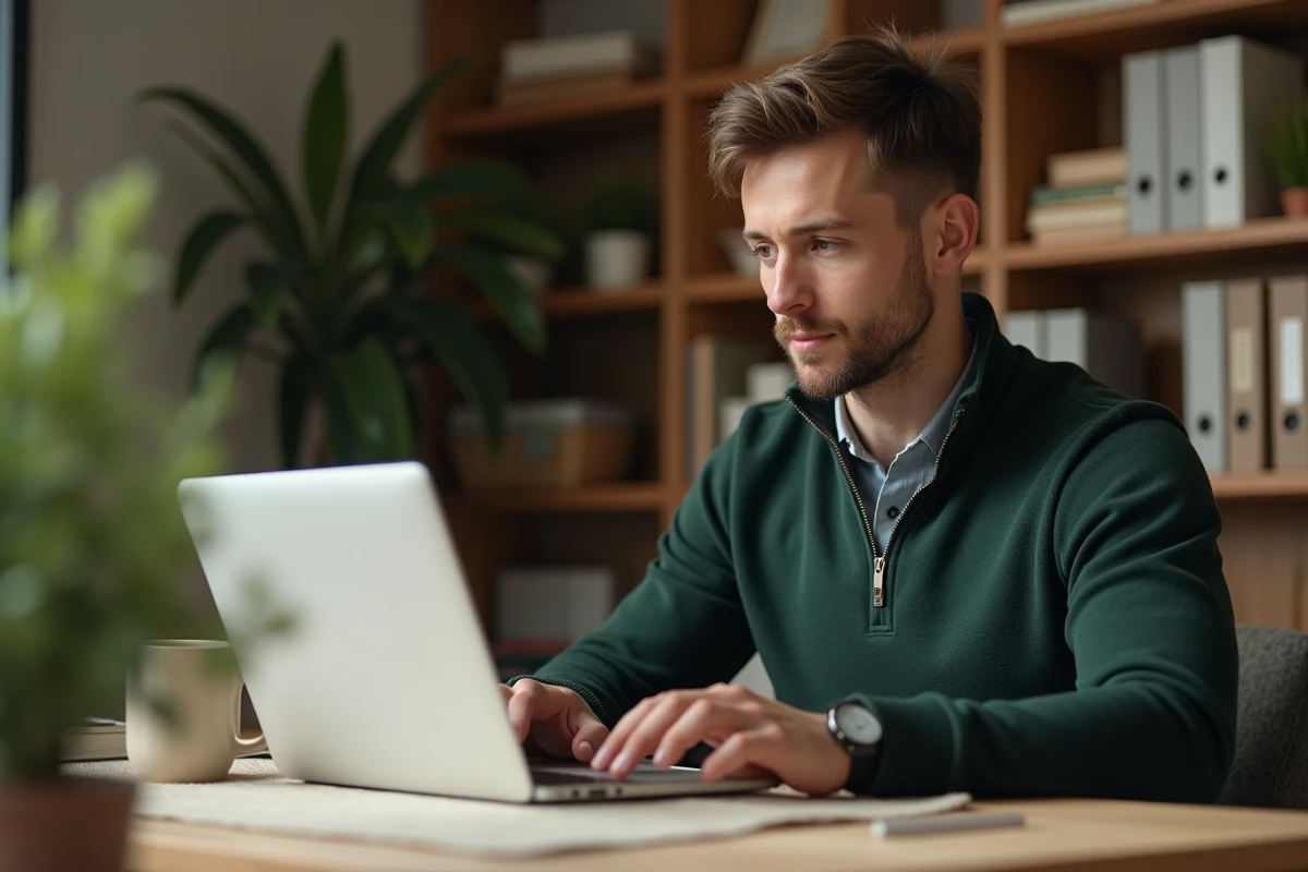 Agent IAD organisant son portefeuille de leads immobiliers sur ordinateur portable dans un bureau à domicile