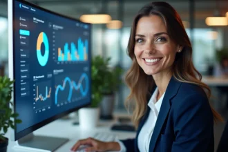 Femme professionnelle analysant un tableau de bord CRM de gestion de leads immobiliers sur écran dans un bureau moderne