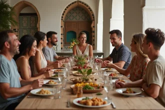 Groupe d'amis souriants partageant un repas dans un riad à Essaouira