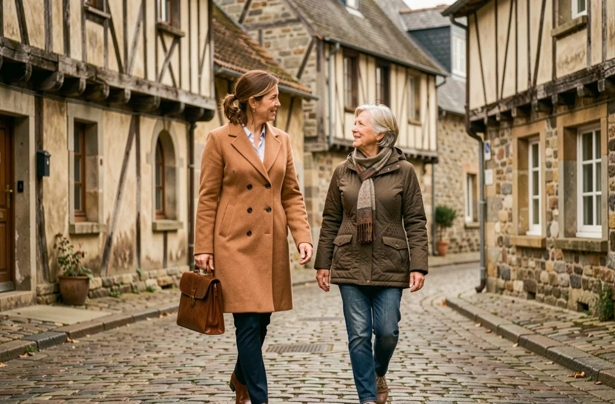 Agente Guy Hoquet Lannion accompagnant une cliente dans les rues historiques à pans de bois de Lannion