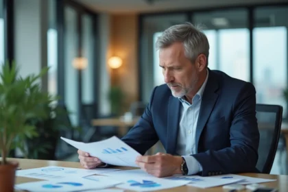 Homme d'affaires en costume analyse des documents financiers