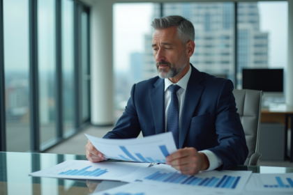 Homme d'affaires en costume bleu analysant des graphiques économiques