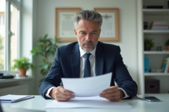 Homme d'affaires en costume examine des documents immobiliers